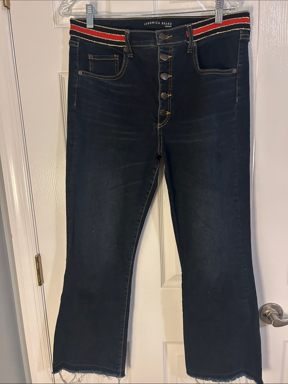 Veronica Beard Navy Bootcut Jeans with Red & White Striped Waistband